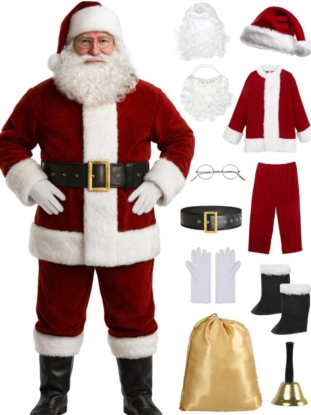 Deluxe 11pc Santa Suit for Men | Professional Christmas Outfit | Holiday Costume